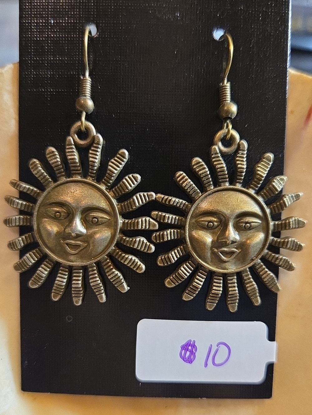 Sun Face Dangle Earrings - Antique Gold Tone